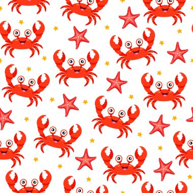 Beyaz arka planda sevimli yengeç karakterleri, denizyıldızı ve dekoratif yıldız şekilleri içeren vektörsüz desen. Çocuk tasarımları, çocuk dekorasyonu, yaz temalı projeler, plaj grafikleri, deniz çizimleri, tekstil baskıları için mükemmel.