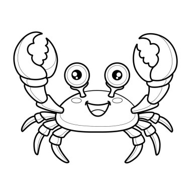 Yazdırılabilir çalışma kağıdı ve boyama sayfası olarak tasarlanmış cesur hatları olan gülümseyen bir yengecin siyah ve beyaz dijital çizimi. Çocuk eğitim materyalleri, aktivite kitapları, sınıf kaynakları, çocuk el işleri, dijital öğrenme