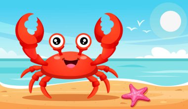 Büyük bir deniz yıldızı, parlak mavi okyanus arkaplanı, temiz gökyüzü ve uçan kuşlar, çocuk tasarımları, eğitim malzemeleri, yaz grafikleri, plaj temalı projeler için mükemmel olan kumlu bir sahildeki neşeli kırmızı yengecin dijital çizimi