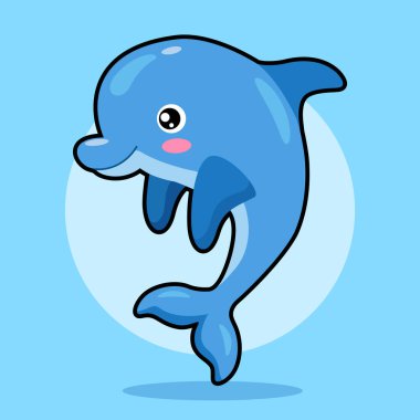 Açık mavi arka planda vektör şirin, çizgi film yunusu çizimi. Çocuklar okyanus hayvanı resimleri, deniz karakteri tırmanışı. .