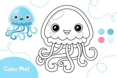 Çocuklar için Şirin Denizanası Boyama Sayfası, Yazdırılabilir Vektör Çalışma Kağıdı, Çocuk Aktiviteleri ve Eğitimi için Basit Çizgi Sanat Denizi Yaratığı Çizimi.