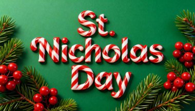 Kartlar, posterler ve mevsimlik tasarımlar için bereketli çam dalları ve kırmızı böğürtlenlerle çerçevelenmiş, çizgili şeker kamışı stili tebrik kartı..