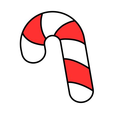 Çizgili şeker kamışının düz çizgi film ikonu koyu siyah ana hatlarıyla Kartlar, Posterler, Çıkartmalar, Dekorasyonlar, Çocuk Tasarımları ve Mevsimsel Grafikler için Bayram Tatlı Clipart 'ta izole edilmiş..