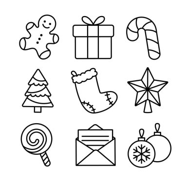 9 Noel Çizgisi Sanat Simgesi Simgesi: Zencefilli Çörek Adam, Şeker Çubuğu, Noel Ağacı, Çorap, Lolipop, Noel Baba 'ya Mektup, Yıldız Süsü & Bayram Kutuları Minimalist Minimalist Şenlik Hattı.
