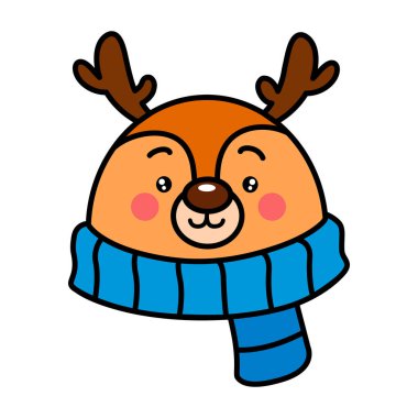 Kartlar, posterler, dekorasyonlar ve mevsimsel tasarımlar için beyaz arka planda izole edilmiş koyu siyah çizgili renkli eşarplı bir Noel geyiği kafasının düz çizgi film ikonu..