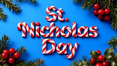 Kartlar, posterler ve mevsimlik tasarımlar için bereketli çam dalları ve kırmızı böğürtlenlerle çerçevelenmiş, çizgili şeker kamışı stili tebrik kartı..