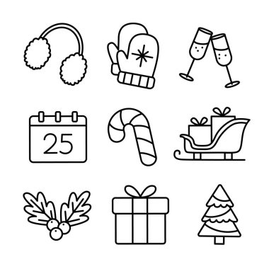 Kulaklık, kış eldiveni, şampanya kadehi, şeker kamışı, Santa Sleigh, hediye kutusu, Holly Berries, takvim ve Noel Ağacı Minimum Taslak Tatil Paketi.