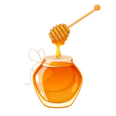 Beyaz Arka plan Organik Gıda, Arıcılık Ürünleri, Doğal İçindekiler, Sağlıklı ve Gıda Tasarımı Üzerine İzole Edilmiş Ballı Bal Kavanozu ve Damlayan Altın Ballı Vector Çizgi Filmi.