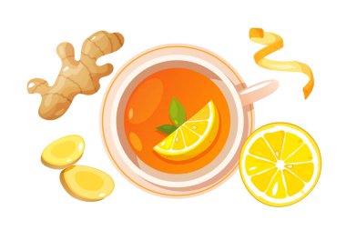 Beyaz arka planda izole edilmiş taze limon ve zencefil kökü, doğal bağışıklık artırıcı içecek, sağlıklı içecek konsepti olan bitkisel çay fincanının üst görüntüsü..