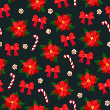 Noktalı Noel desenleri, kırmızı kurdeleler, şeker kamışları ve koyu yeşil arka planda renkli çizgili şekerler, bayram süslemeleri..