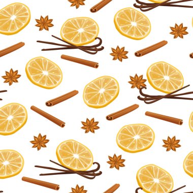 Beyaz arka planda izole edilmiş limon dilimleri, tarçın çubukları, yıldız anason ve vanilya fasulyeleri doğal aromatik baharatlar ve narenciye içerikleri..