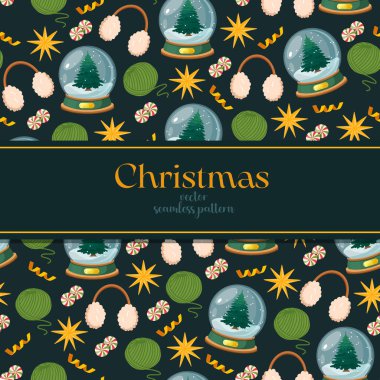 Kar küreleri, iplik yumakları, kabarık kulaklıklar, şeker kamışları ve koyu deniz mavisi arka planda sarı yıldız patlamaları, şenlikli kış tatili illüstrasyonları....