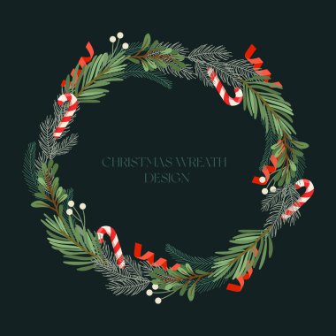 Noel çelengi tasarımı, çam dalları, böğürtlen, çizgili şeker kamışı ve koyu arkaplanda konfeti gibi çeşitli doğal elementlerden oluşmuştur. Festival dekorasyonu, tebrik kartları, baskılar ve mevsimlik tasarım için mükemmel..