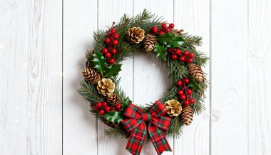 Noel çelengi, kutsal yapraklar, kırmızı böğürtlenler, kozalaklar ve büyük kırmızı ve yeşil yaylarla süslenmiş, beyaz ahşap arka planda sergilenmiş, geleneksel kış bayramı dekoru tebrik kartları, baskılar vs.