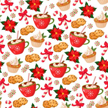 Sıcak çikolata bardakları, çikolatalı kurabiyeler, kekler, poinsettia çiçekleri, beyaz arka planda renkli lolipoplar, neşeli kış şekerleri vektör ilülasyonu.