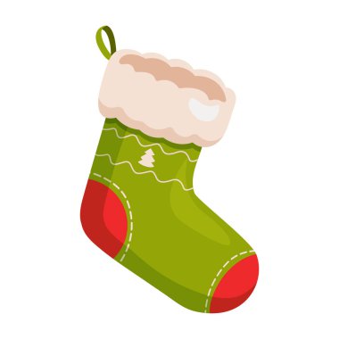 Süslü ve Beyaz Kürklü Yeşil Noel Çorabı Beyaz Arkaplanda İzole Edildi, Bayram Dekorasyonu.