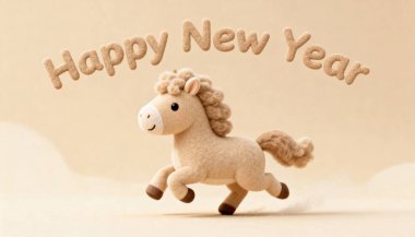 Mutlu yıllar 2026 Şirin Pütürlü At Koşusu, Yumuşak Keçeli Hayvan Çizimi ve Yumuşak Kabarık Kabarık Tipli Kış Tasarım Kartı..