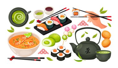 Sushi Rolls, Nigiri, Matcha Tea, Tom Yum, Dango Sweets, Mochi ve Geleneksel Masa Eşyaları, Asya Mutfağı Koleksiyonu Beyaz Arkaplanda İzole Edildi.