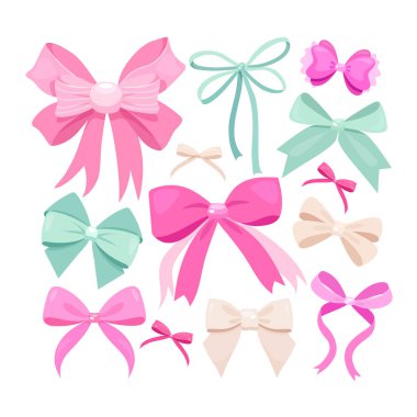 Beyaz Arkaplanda Pastel Fiyonk Vektör Koleksiyonu, Pembe ve Nane Dekoratif Hediye Yayı Paket, Düğün, Doğum Günü ve Bebek Duşu Tasarımı