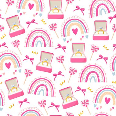 Sevgililer Günü Nişan Yüzüğü, Şeker Lolipopları ve Şirin Gökkuşağı, Pembe Romantik Aşk Düğün, Teklif, Hediye Paketi, Paketleme ve Kumaş Tasarımı için Tekrarı.