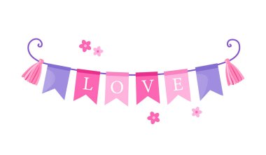 Pembe ve Mor Bunting Bayraklı Aşk Çelengi, Aşk Mektuplu Romantik Sevgililer Günü Bayrağı, Düğün, Yıldönümü, Parti, Kutlama Kartları ve Sosyal Medya Tasarımı İçin Şirin Tatil Dekorasyonu İlülasyonu.