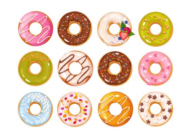 Renkli Donut Koleksiyonu Farklı Renkler ve Toplamalar, Pastane Menüsü, Kafe Tasarımı, Gıda Paketi ve Sosyal Medya Kullanımı için Beyaz Arkaplanda İzole edilmiş Tatlı Tatlı Tatlı Tatlı Seti.