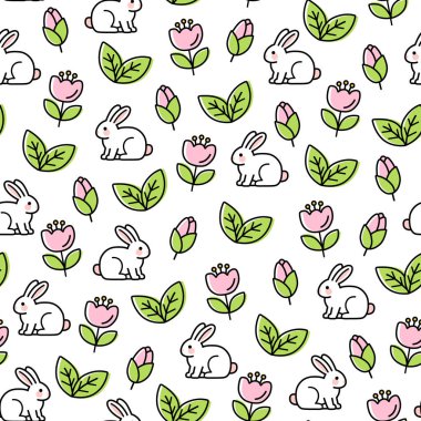 Bahar Çiçekleri, Yapraklar ve Tavşanlarla Şirin Paskalya Tavşanı, Pastel El Çocuklar için Vektör Arkaplanı, Ambalaj Kağıdı, Tekstil, Kumaş, Duvar Kağıdı ve Tatil Tasarımı.