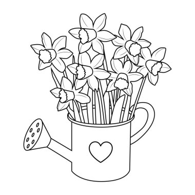 Su Hattı Sanatı Nergisleri, Bahçe Saksısında Çiçek Buketi, Çocuklar için El Çizimi Bahar Çiçeği Resim Sayfaları, Anneler Günü tebrik kartları ve Minimalist Botanik Dekorasyonu.