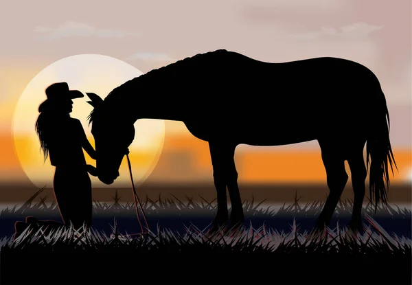 Una Mujer Arrodilla Delante Caballo — Vector de stock