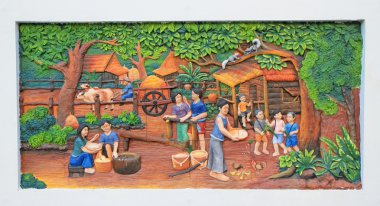 Stucco ve tapınak duvarında geleneksel Tayland kültürünün resmi