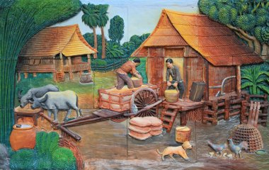 Stucco ve tapınak duvarında geleneksel Tayland kültürünün resmi