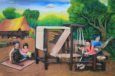 Stucco ve tapınak duvarında geleneksel Tayland kültürünün resmi