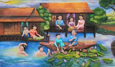 Stucco ve tapınak duvarında geleneksel Tayland kültürünün resmi