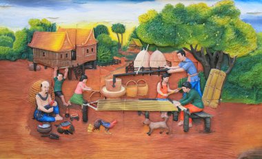 Stucco ve tapınak duvarında geleneksel Tayland kültürünün resmi