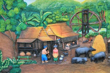 Stucco ve tapınak duvarında geleneksel Tayland kültürünün resmi