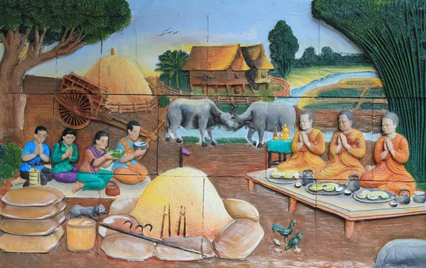 Stuck Und Malerei Der Traditionellen Thailändischen Kultur Tempelwand — Stockfoto