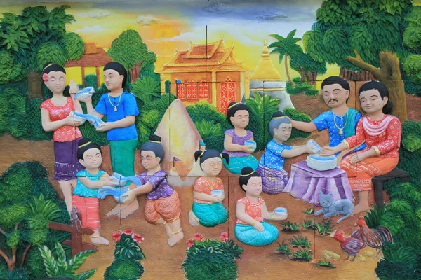 Stucco Και Ζωγραφική Του Παραδοσιακού Πολιτισμού Της Ταϊλάνδης Στον Τοίχο — Φωτογραφία Αρχείου