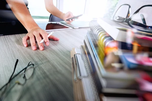 Designer hand working with digital tablet and laptop and noteboo — Stock Photo, Image