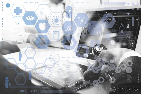 Medical technology network team concept. Doctor hand working wit — Stock Photo, Image