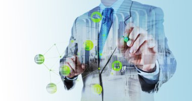 İşadamı çift pozlama modern teknoloji concep gösterir.