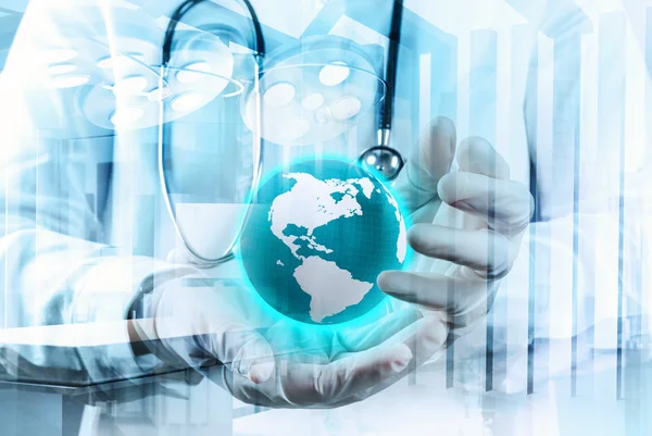 Double exposure of smart medical doctor holding the world with o — Stock Photo, Image