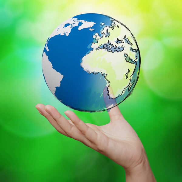 3d earth globe against blue and green nature background 