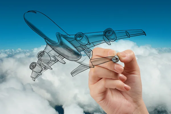 Hand drawing airplane on blue sky background — Stock Photo, Image