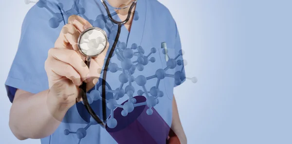 Double exposure of medical doctor with stethoscope in hand with — Stock Photo, Image