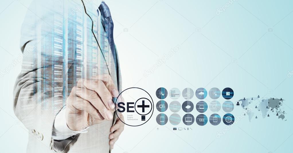 businessman hand showing search engine optimization SEO as conce