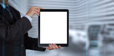 businessman success working with blank tablet computer his board clipart