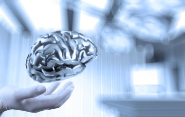 doctor neurologist hand show metal brain with computer interface clipart