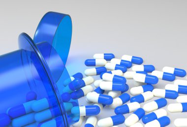 3D hap şişesi üzerinde beyaz dışarı dökülmesini hap 