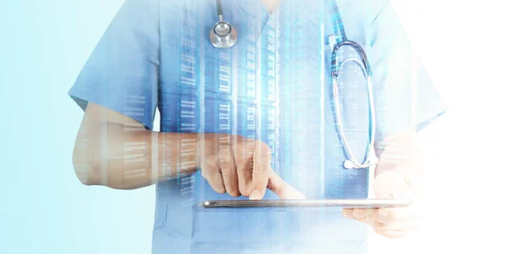 Doctor working with tablet computer background — Stock Photo, Image