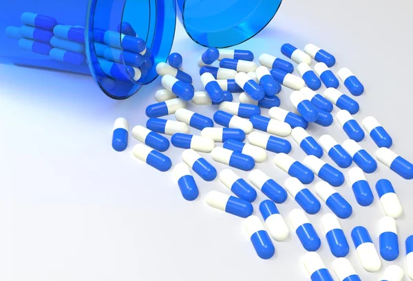 Pills 3d spilling out of pill bottle on white — Stock Photo, Image